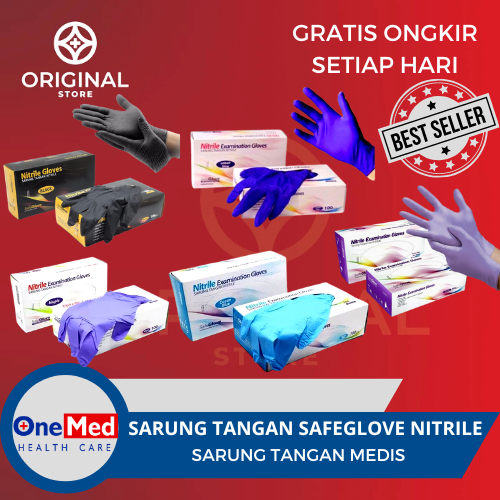 SARUNG TANGAN KARET SAFEGLOVE SAFE GLOVE NITRILE NITRIL GLOVE HANDSCOON GLOVES NON POWDER - ONEMED