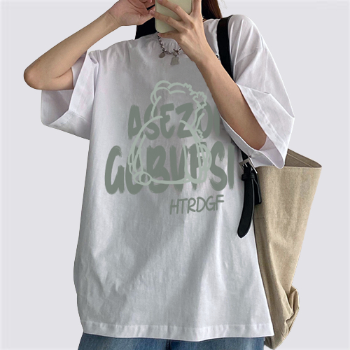 XIAOZHAINV Korean Style Kaos Atasan Wanita Green Letters Pattern Lengan Pendek A0252