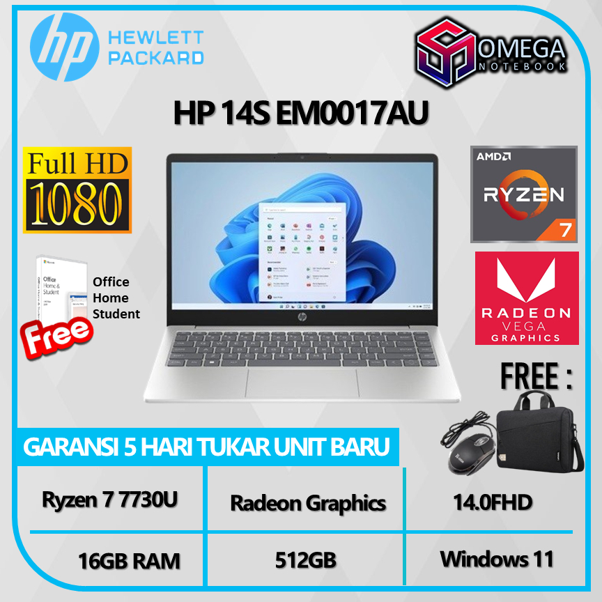 Laptop Hp 14s EM0017AU Ryzen 7 7730U 16GB 512SSD Windows 11 14.0FHD