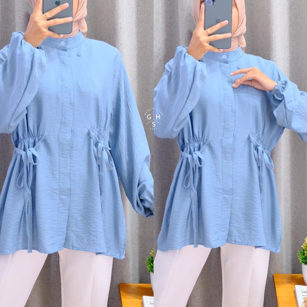 OZARA KEMEJA TALI KERUT PINGGANG ATASAN WANITA BLOUSE BUSUI POLO LINEN PREMIUM (AMD)