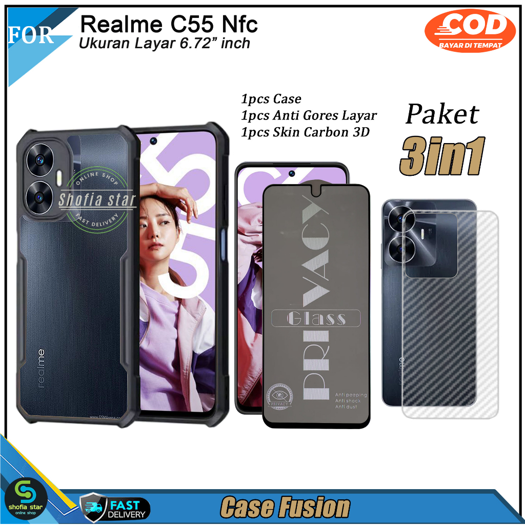 PAKET 3in1 Case Realme C55 NFC C53 NFC Soft Case Fusion Shockproof Transparan Casing