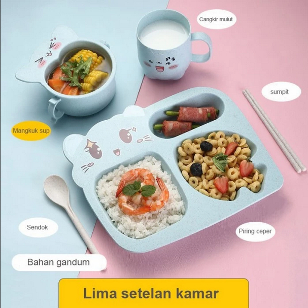 Tempat Makan Set Anak Tempat Sendok Garpu &amp; Garpu Piring Makan Anak Kartun lucu Jerami Gandum Peralatan Makan Anak-anak Kreatif Set Bayi Pemisahan Piring Kartun Rumah Tangga Anti-Fall Bayi TK yang Lucu