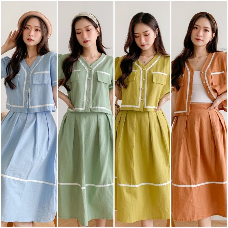 ♡ PREMIUM ♡ REAL PIC ! DJORKA 2 IN 1 WHITE LIST SET [ LINEN / JEANS DENIM ] POCKET BUTTON SHIRT WITH MIDI SKIRT / SETELAN ATASAN KANCING &amp; ROK SELUTUT ( BUSUI FRIENDLY )