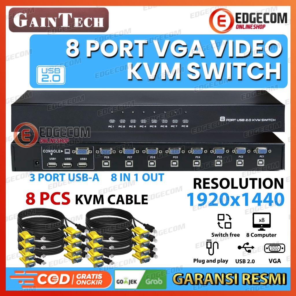 VGA KVM Switch USB 2.0  8 Port Manual + Remote Control Free Kabel KVM 8 pcs GAINTECH GARANSI RESMI