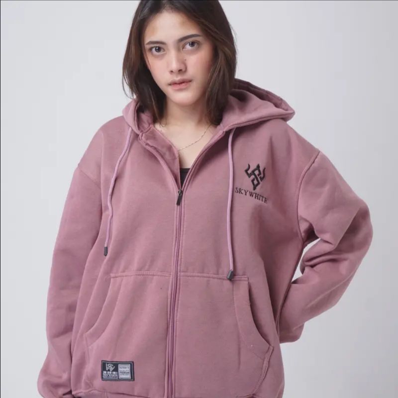 HOODIE ZIPPER SWEATER SKYWHITE BORDIR TIMBUL BAHAN GRAMASI 280 HALUS DAN TEBAL