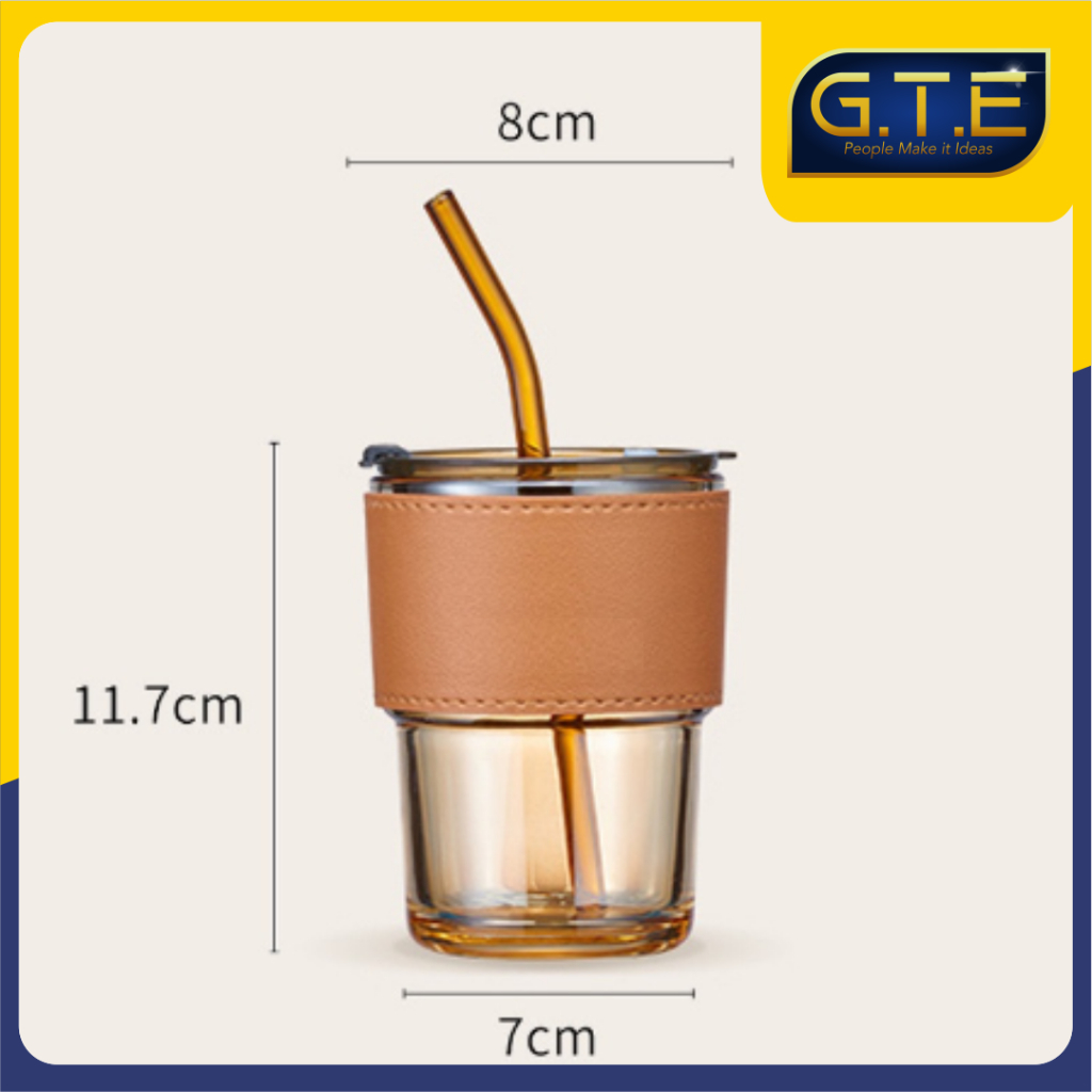 GTE | Gelas Tumblr Kaca Bening Gelas Mug Gelas Kaca dengan Tutup Anti Bocor 400ml Botol Minum Kaca Gratis Sedotan