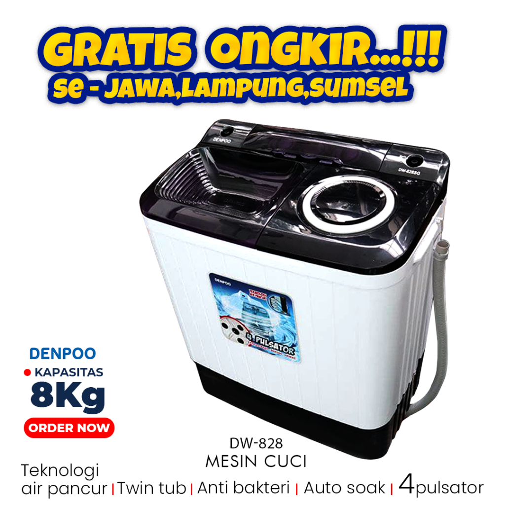 DENPOO MESIN CUCI DW 828 4P 8KG 2 TABUNG TERBARU ANTI BAKTERI DAN HEMAT LISTRIK