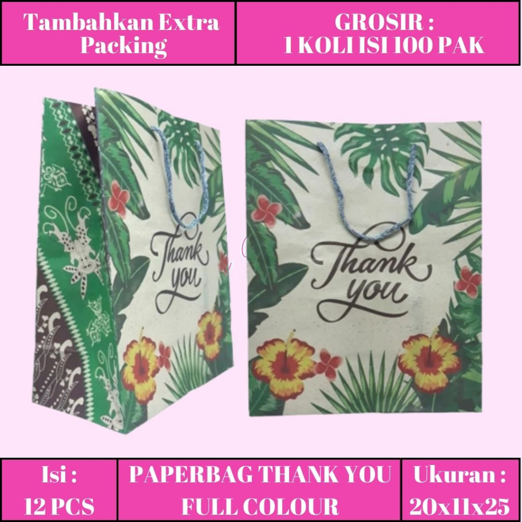 

(12 Pcs) Paper Bag Kraft Motif Thank You 20x11x25 | Tas Kado / Tas Souvenir