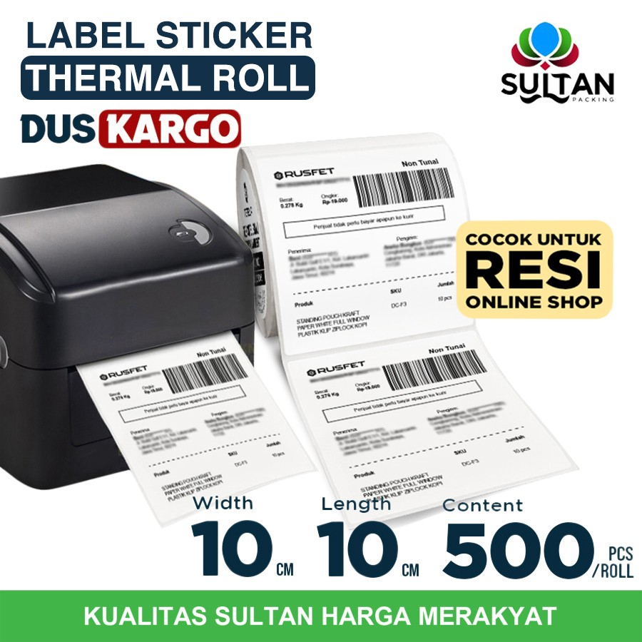 

Label Sticker THERMAL ROLL Barcode Resi 10x10cm Rusfet 500pcs /DUS