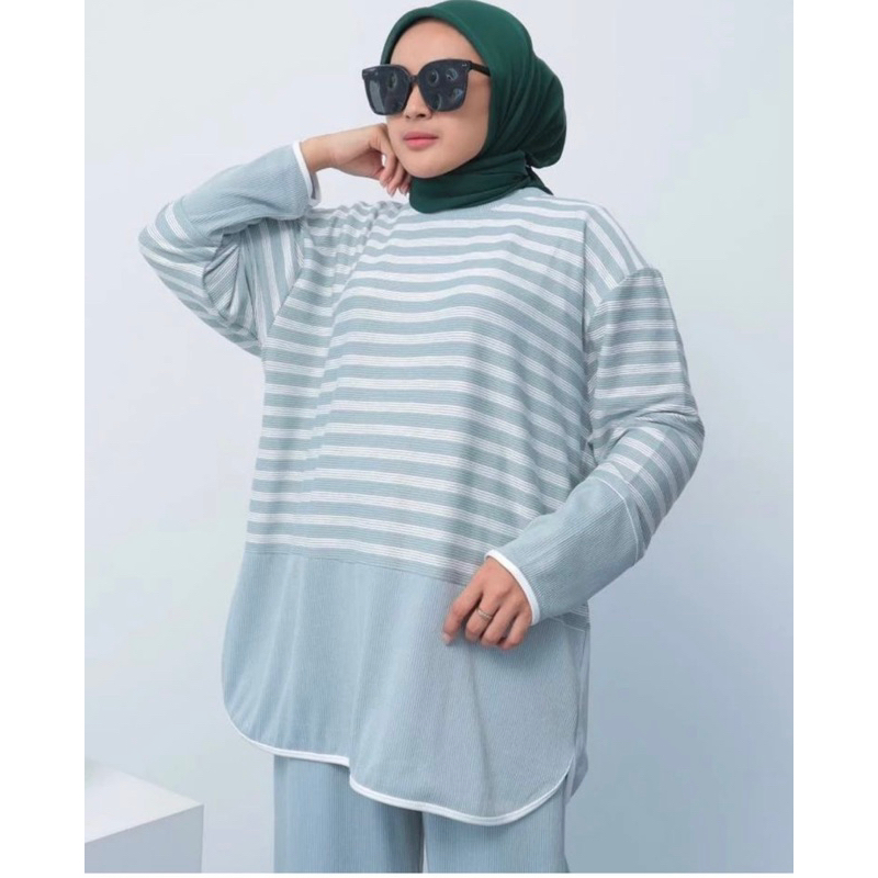 setcel kombinasi salur kaos knit premium setcel wanita setelan celana wanita jumbo oversize