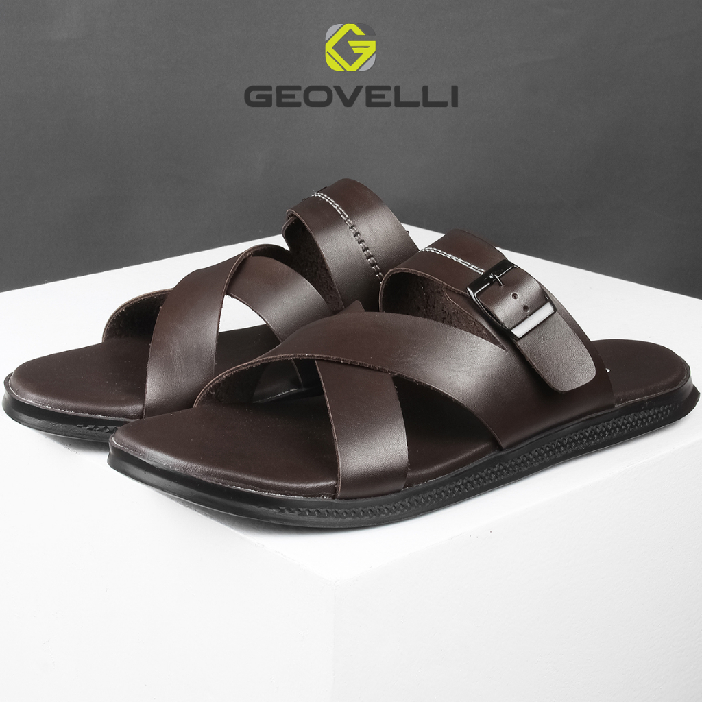 Sendal Slide Pria Premium Geovelli Sandal Cowok Original Kualitas Lokal - G1984 Coklat