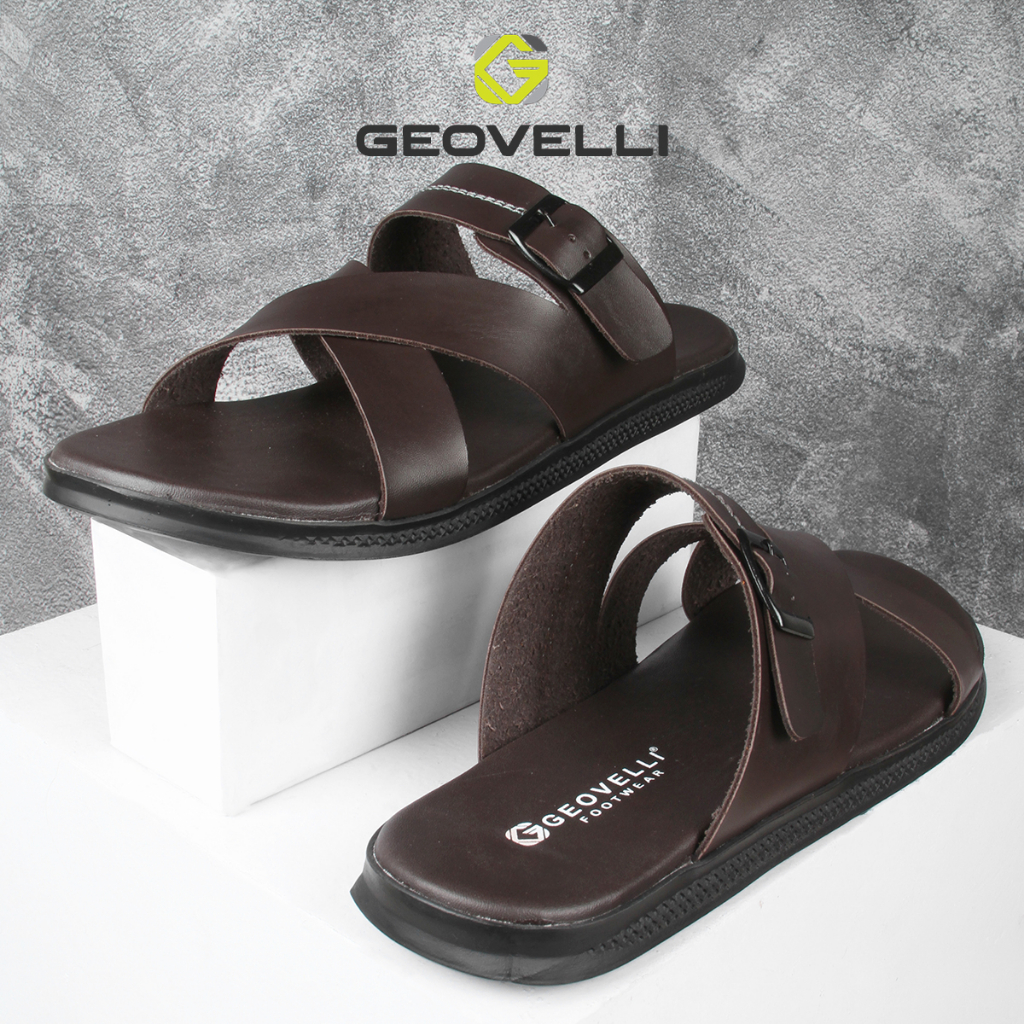 Sendal Slide Pria Premium Geovelli Sandal Cowok Original Kualitas Lokal - G1984 Coklat