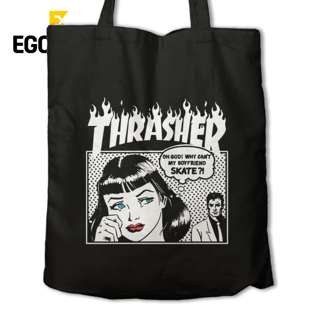 EGOCULA Tote Bag Thrasher Boyfriend Skate Pria Wanita Tas Jinjing Sekolah Kuliah Resleting 30x40