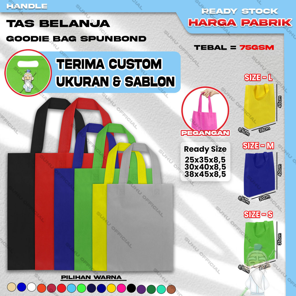 ❤️SUHU❤️ Goodie Bag Tas Belanja Spunbond Model Tali Handle Ukuran 25x35 Kantong Kain Souvenir