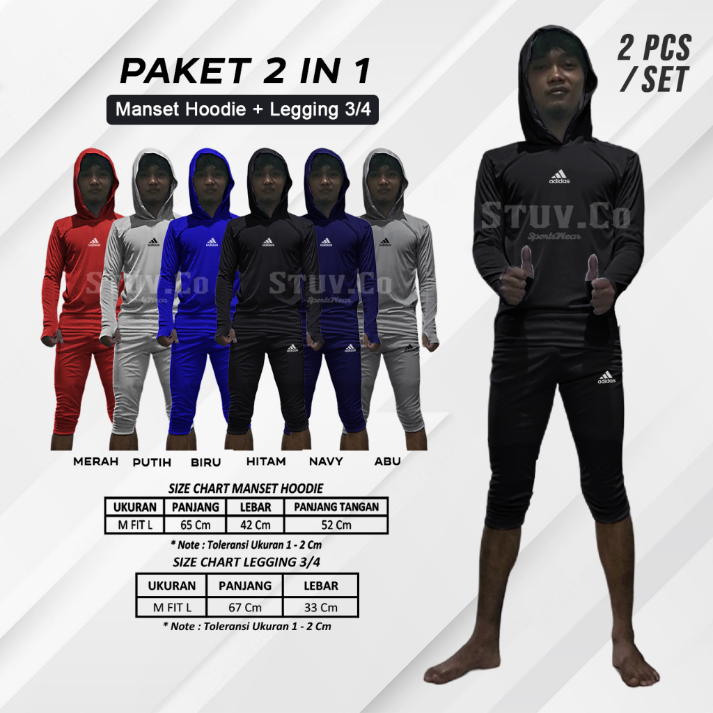 PAKET STELAN 2IN1 BAJU BASELAYER OLAHRAGA MANSET HOODIE DAN CELANA LEGGING 3/4 PRIA WANITA