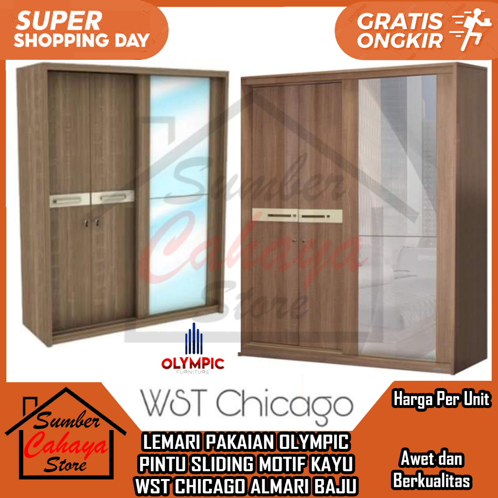 [Kargo] LEMARI PAKAIAN OLYMPIC PINTU SLIDING MOTIF KAYU WST CHICAGO ALMARI BAJU ALMARI KACA FULL BOD