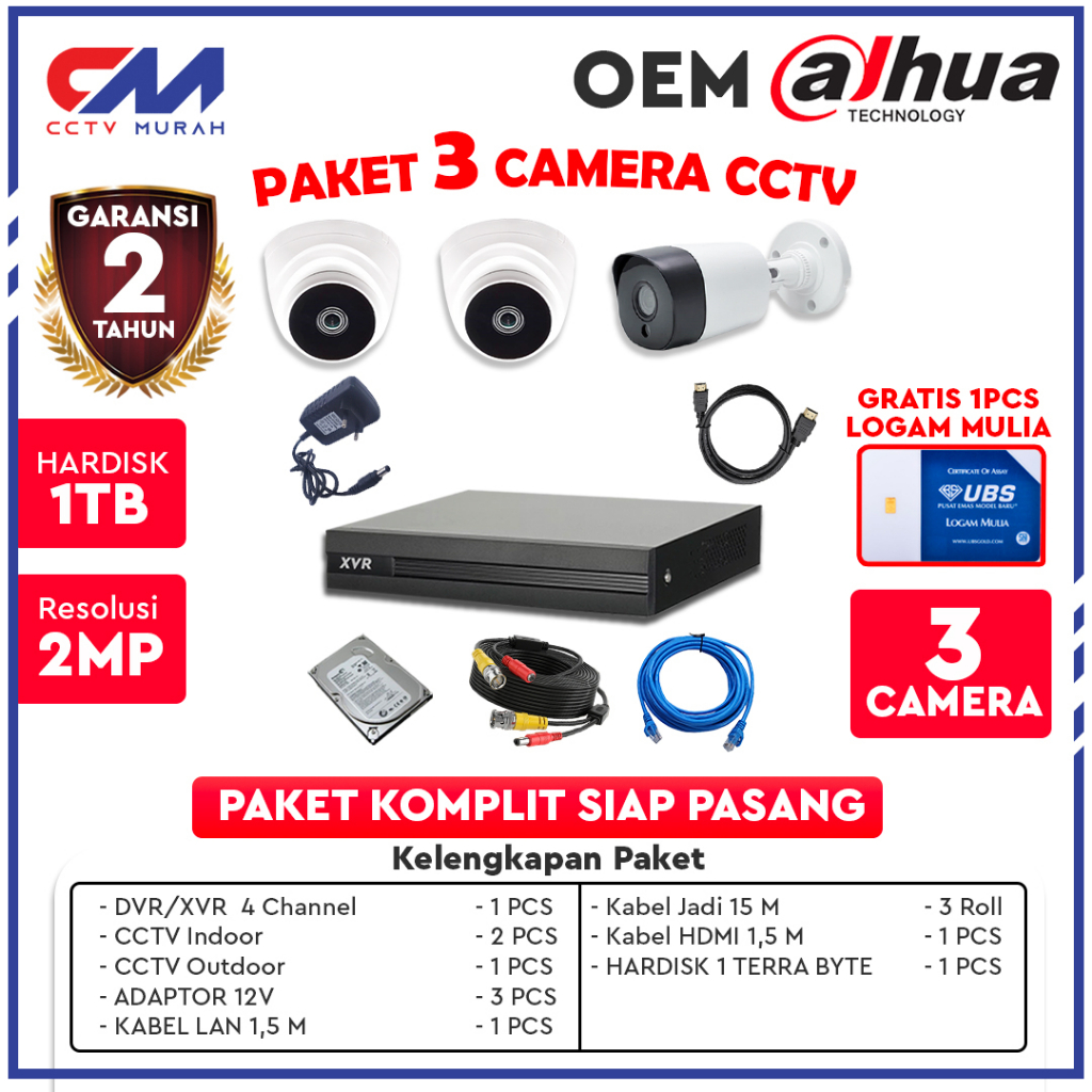 Paket CCTV OEM Dahua 3 Camera CCTV 3 Channel Garansi 2 Tahun Lengkap Tinggal Pasang | Gratis 1pcs Logam Mulia