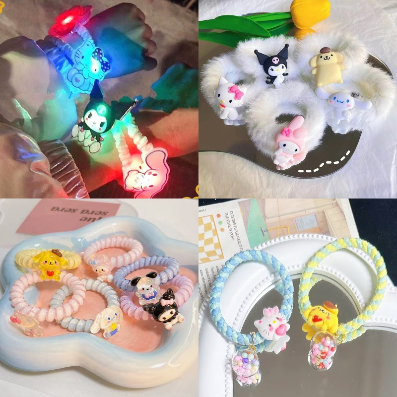 LED Ikat Rambut Satin sanrio Hiasan Kepala Kartun Bercahaya Kuromi/Melody Karet Gelang Usus Besar Tali Rambut Elastis Karet Gelang Kecil - SG