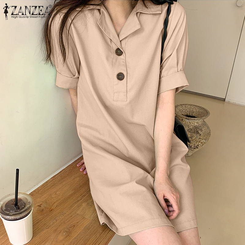 ZANZEA Women Korean Fashion Casual  Short Sleeve Turn-Down-Collar Mini Dress