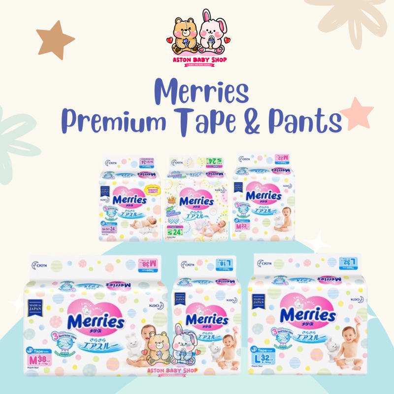 Merries Premium Tape &amp; Pants NB S24 M38 L22 XL19 XXL28 Popok Merries Premium Rekat &amp; Celana