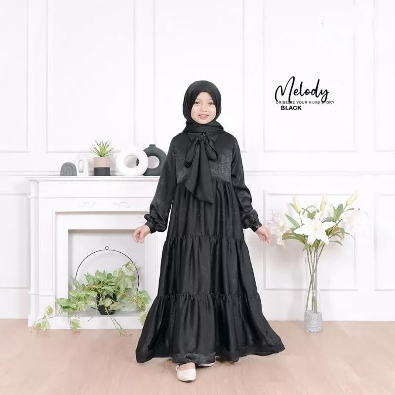 Baju Anak Perempuan Terbaru Melody Dress Kids Gamis Anak Umur 10-13 Tahun Bahan Santorini Silk