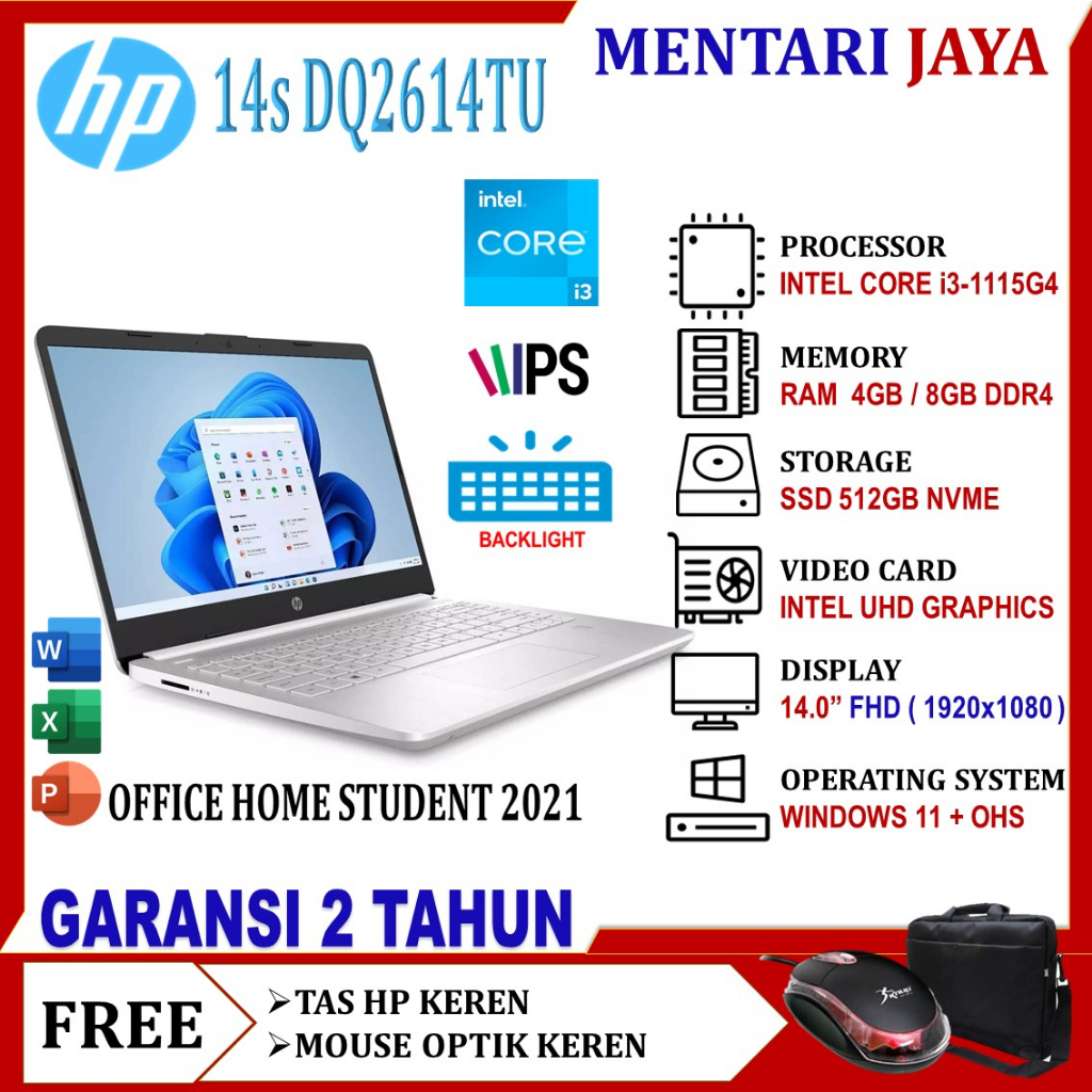 LAPTOP HP CORE i3 GEN 11 RAM 8GB SSD 256GB 512GB 14 WINDOWS 11 HOME TERBARU