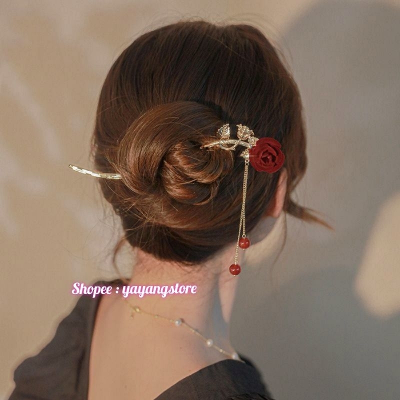 Tusuk Konde / Tusuk Sanggul / Hair Stick / Stik Rambut Merah / Stik Rambut Wanita Sanghai Sangjit Lamaran / Tusuk Konde Cheongsam Cina Merah