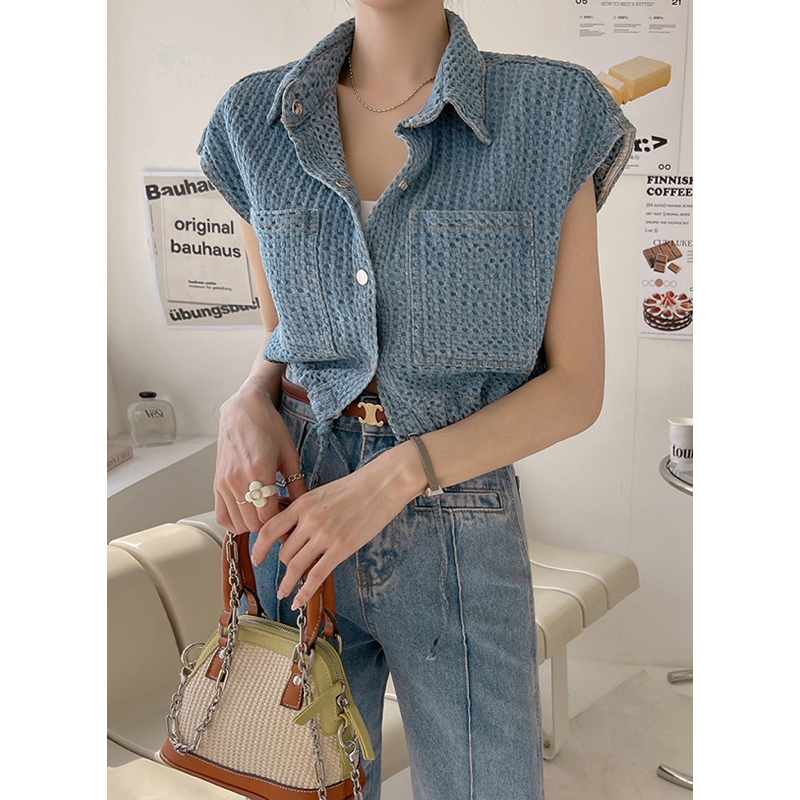 JEANS VEST IMPORT WANITA ROMPI ATASAN DENIM SERUT MX753