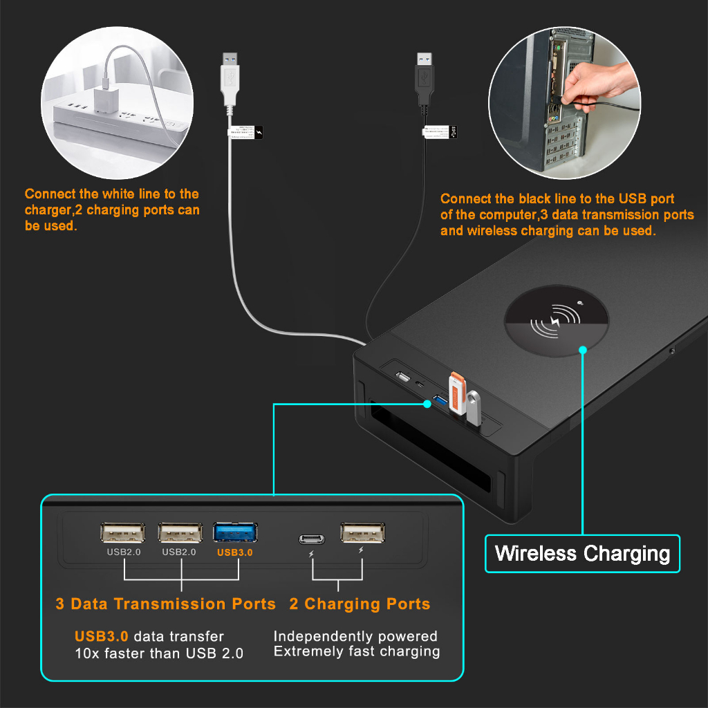 Meja Laptop Desk Monitor Stand with Wireless Charging and USB Port - 6052 - Black