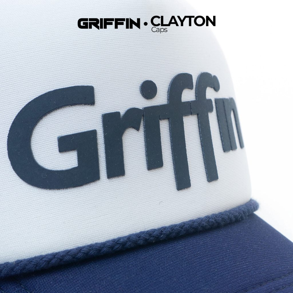 Topi Trucker Pria Wanita Unisex Putih Biru Keren Sablon Hi Density Timbul Clayton by Griffin