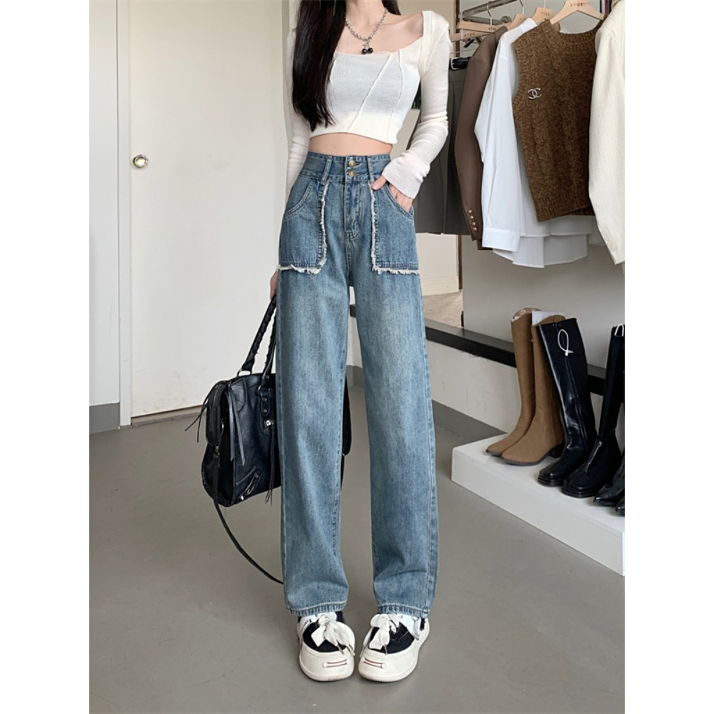 Korean Style Jins Celana high waist american retro loose causual jeans