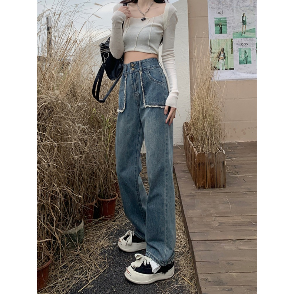 Korean Style Jins Celana high waist american retro loose causual jeans