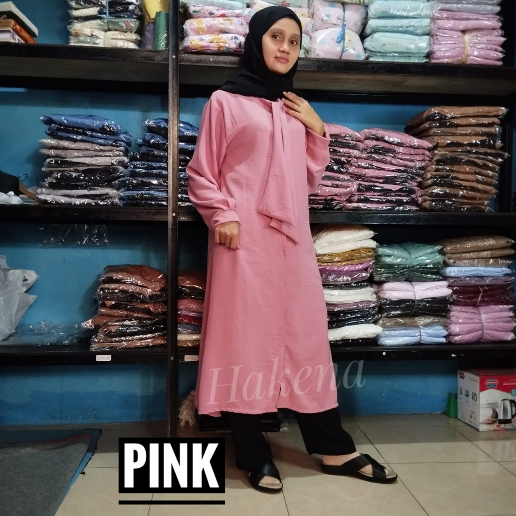 Terbaru Setelan Baju + Celana Wanita Jumbo Qilla Long Set Dewasa Bahan Crinkle Air Flow / Long Tunik Full Kancing COD