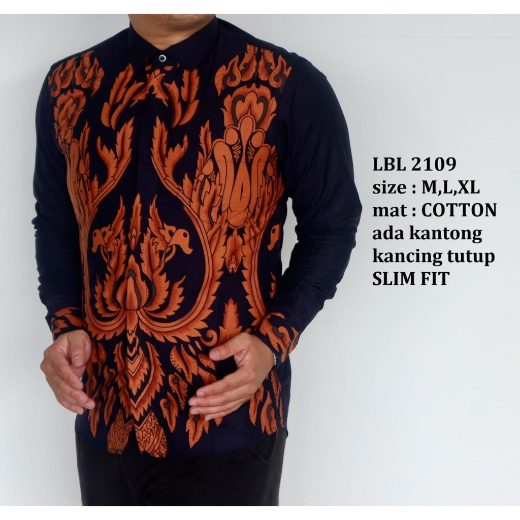 BatikBule Kemeja Batik Slimfit Panjang Motif Casual Warna Navy Orange &amp; Hitam Putih LBL 2109 &amp; 2110