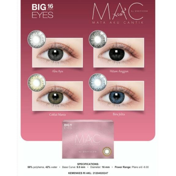 PAKET SOFTLENS MAC MATA AKU CANTIK DIA 15MM + CAIRAN X2 60ML + PINSET + FREE LENCASE