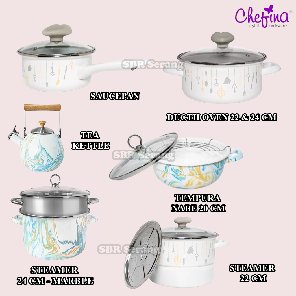 Chefina Panci Enamel Marble - Panci Kuping 18,20&24cm,Tempura 20cm, gagang 16cm dan steamer 22cm + t