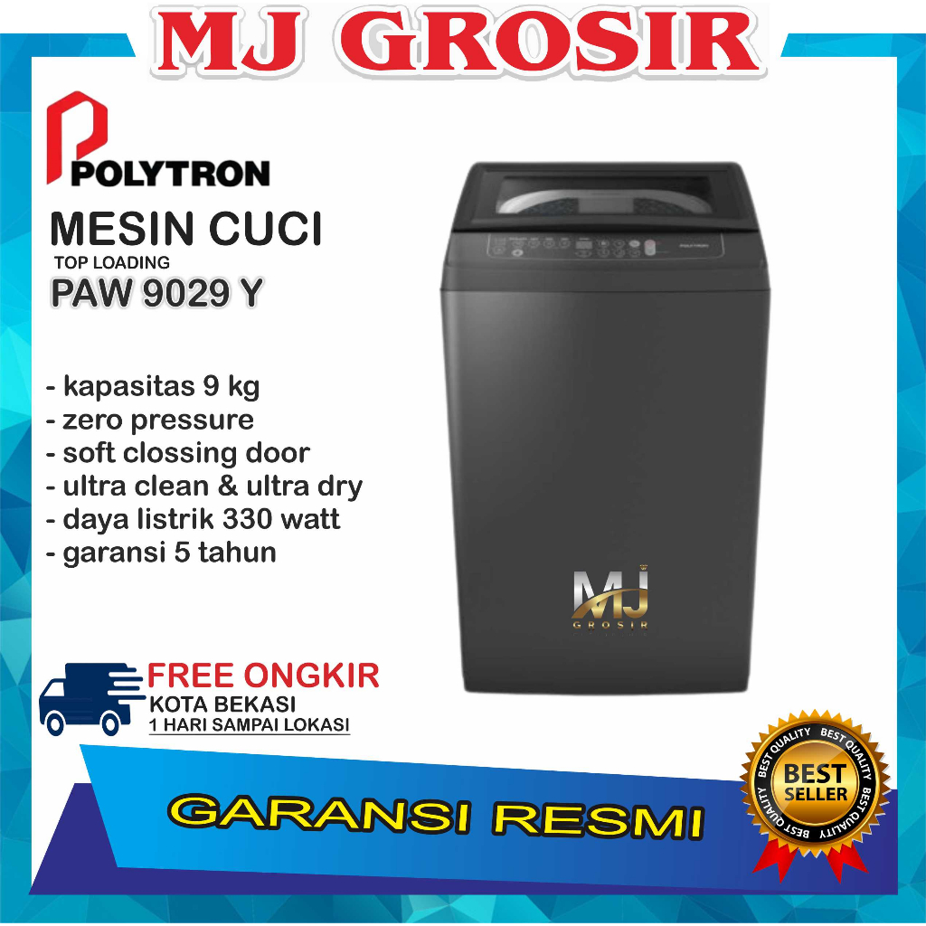 MESIN CUCI 1 TABUNG POLYTRON PAW 9029 Y TOP LOADING 9 KG ZEROMATIC