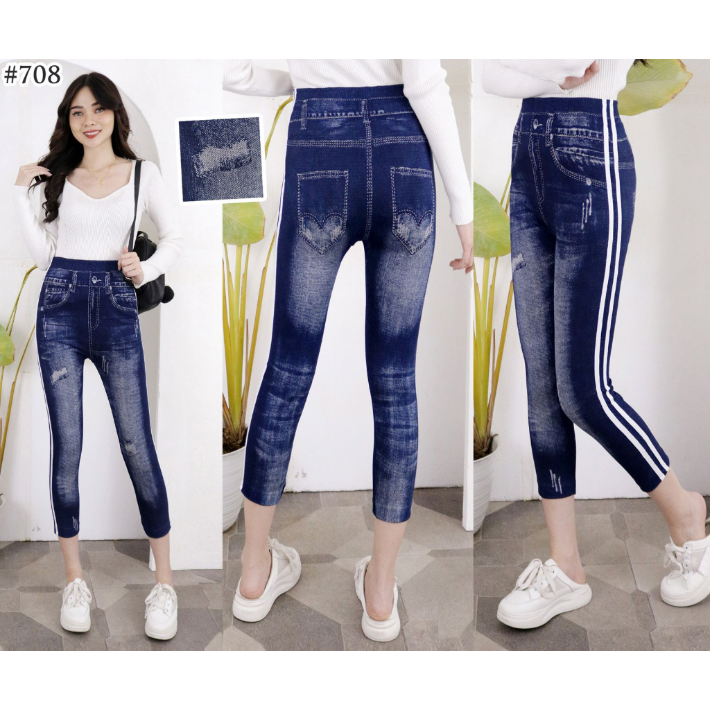 LEGGING JEANS PENDEK LIS 2 PUTIH / LEGING DENIM STRIP LIST / LEJING HIGHWAIST WANITA