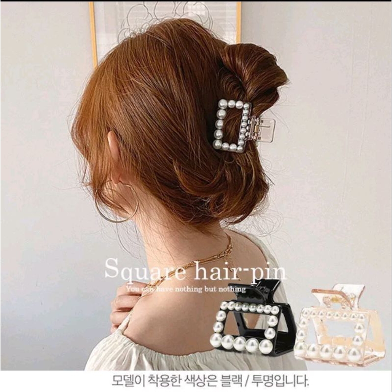 Jepit Rambut Salon Kotak Bolong Transparan 5cm Jedai Kotak Bolong dengan Handle Jedai Mutiara Transparan 5cm Pearl Square Hair Claw Clips