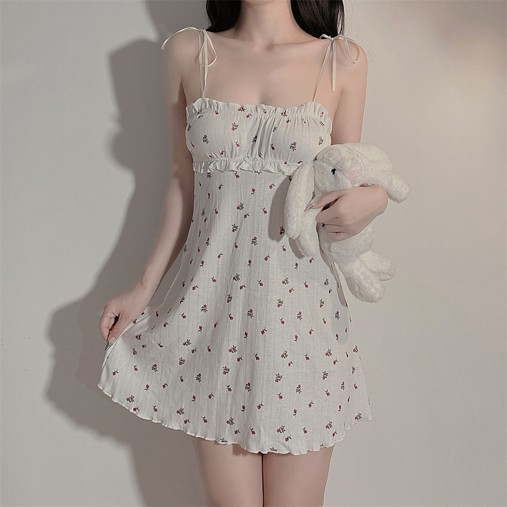 Floral Suspender piyama Wanita Jepang Style Pakaian Rumah Lucu Manis Kasual Yang A-Line Renda Seksi rok Wanita Dress Sweet Import Putih French Cute Dress Santai Dress Tidur