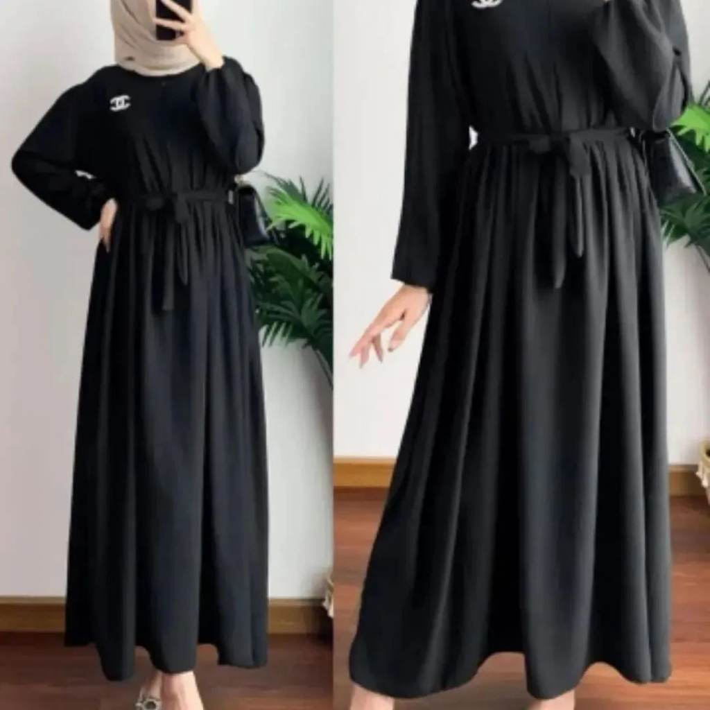 ANGELA DRESS Bahan Crinkle AIrflow Premium BUSUI Friendly Abaya Wanita Arab Hitam Gamis Murah Tapi M