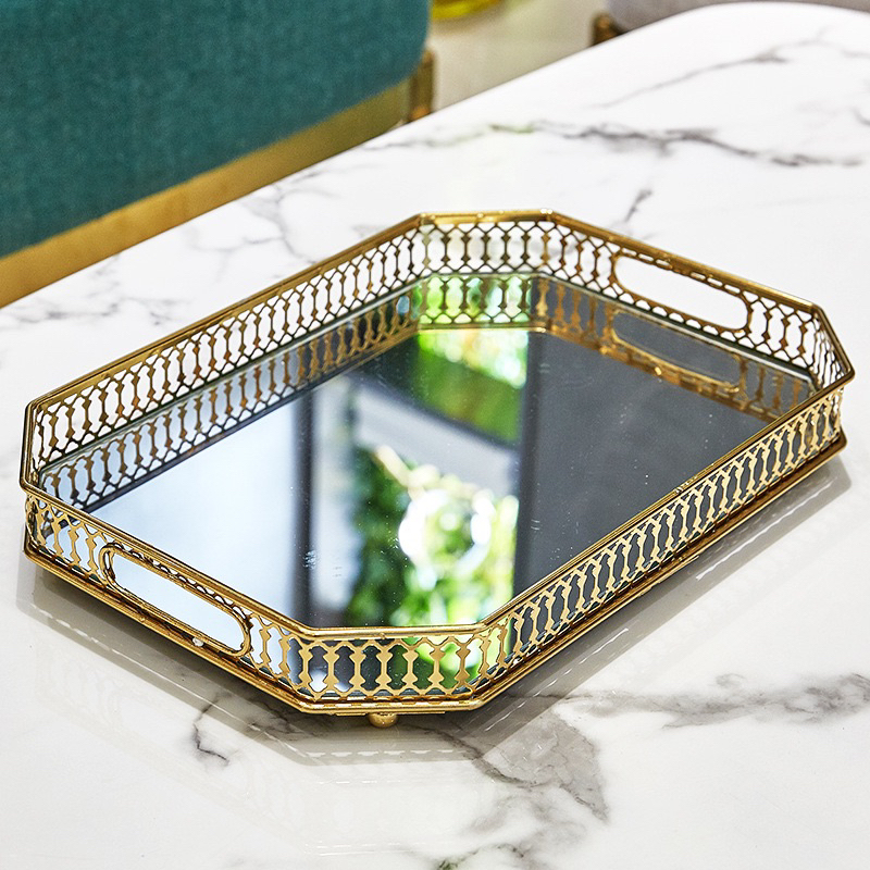 Baki Gold Nampan panjang dan bulat 35 cm baki kaca nampan kaca mewah sultan nampan kaca gold stainle