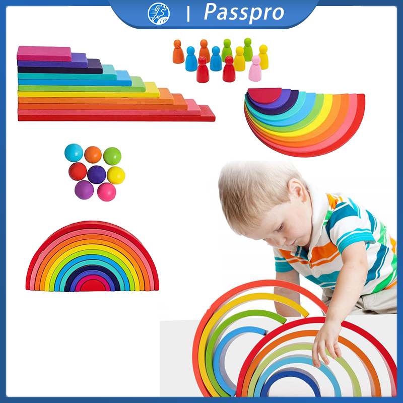 52pcs/Set Wooden Rainbow Stacking Block Mainan Pelangi Edukasi Montessori Kayu Rainbow Stacker