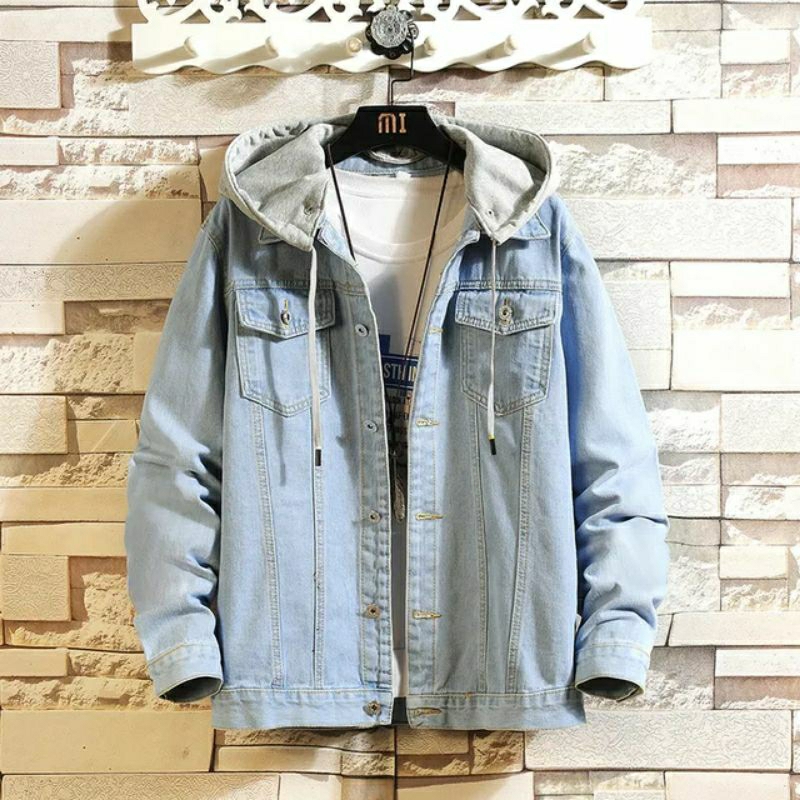 Jaket jeans pria mode baru - jaket jeans populer + jaket jeans tampilan berkupluk hoodie distro