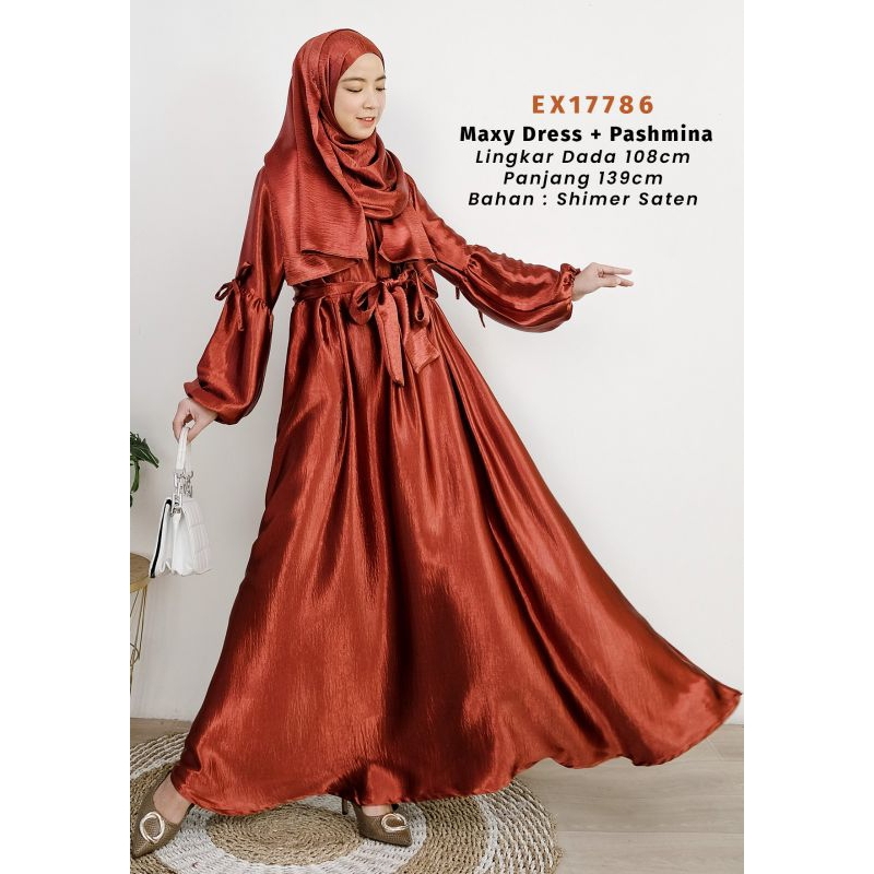 gamis+pashmina shimmer grade A Saten dress premium lengan balon by extu