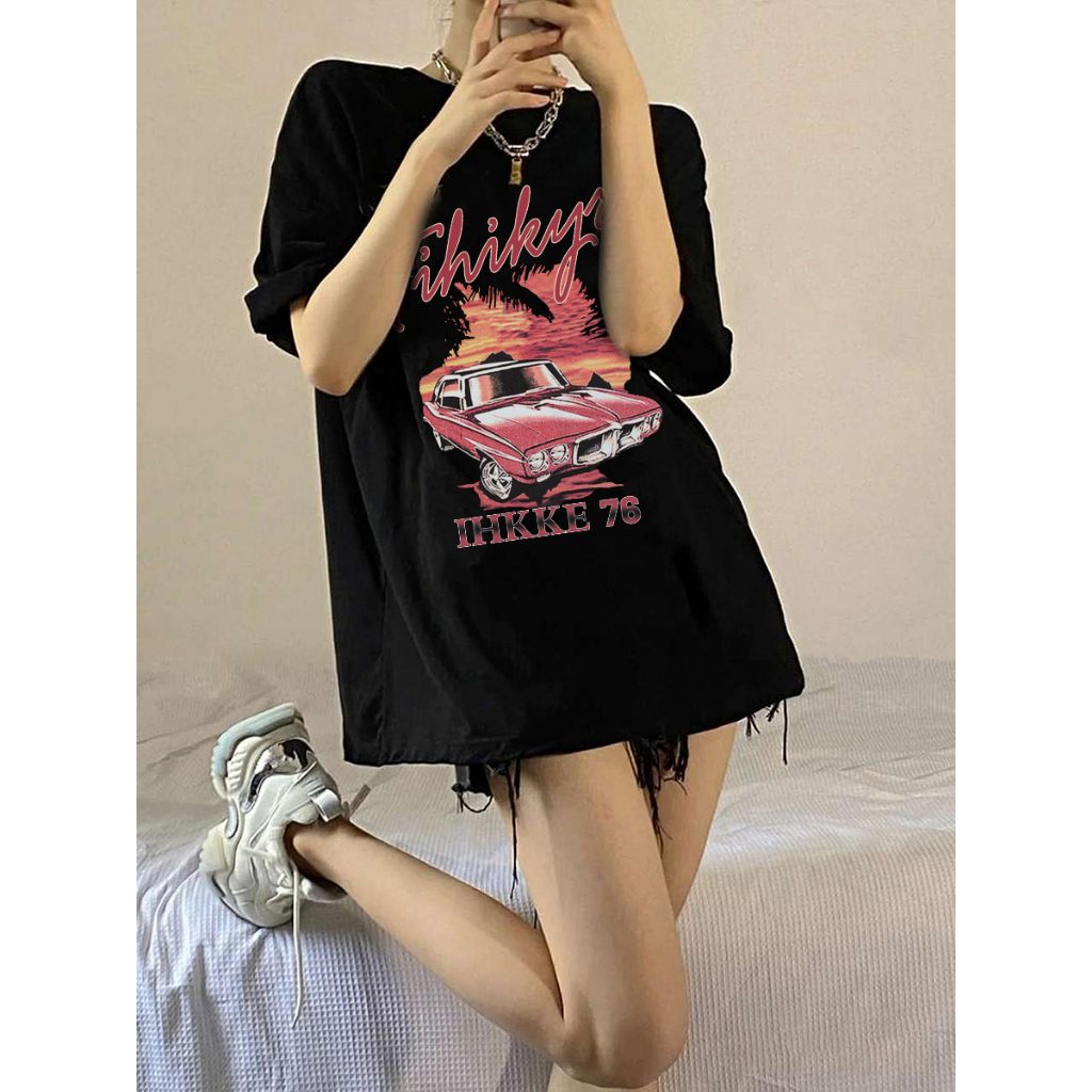 EUNII T-shirt Lengan Pendek Retro Racing Car Korean Style/Kaos Atasan Wanita/Baju Kaus Oversize Wanita/Kaos Wanita