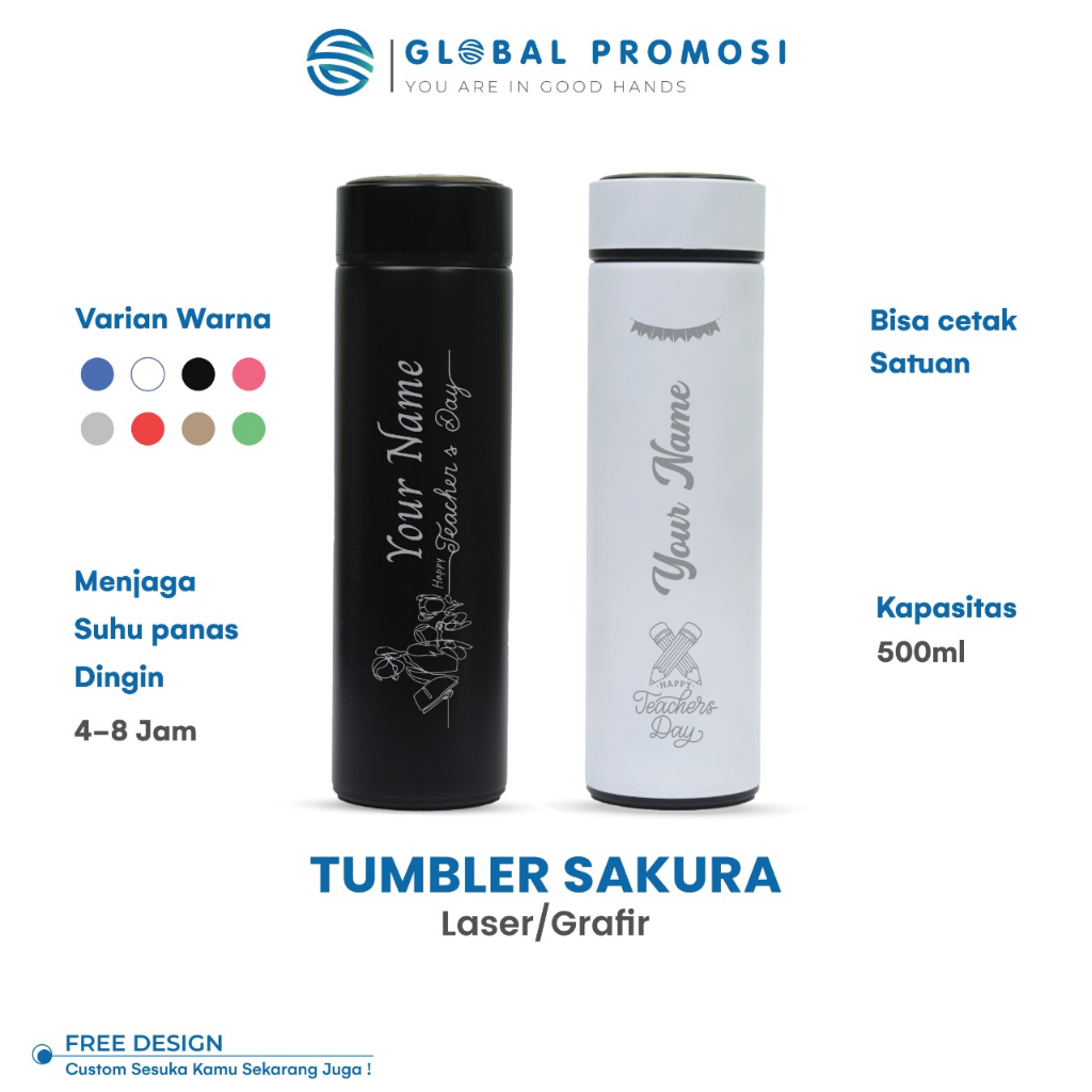 Tumbler Custom Sakura Laser Grafir Souvenir/Promosi Murah Cetak Nama/Logo/Karakter