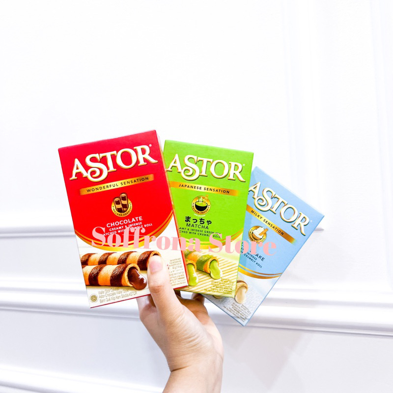 

ASTOR 40 gram tersedia varian coklat , matcha , vanilla