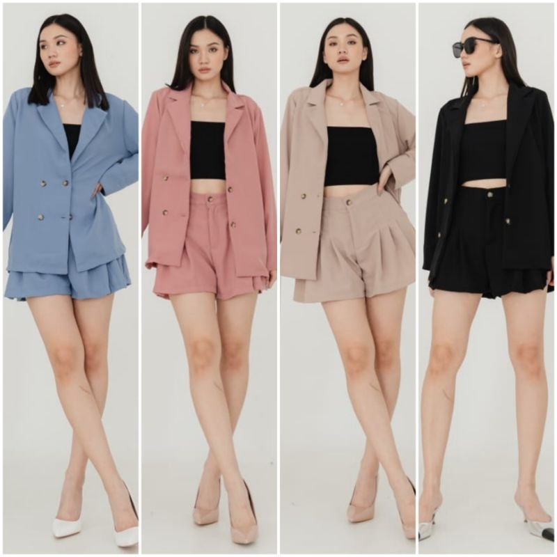 ❣️ SPECIAL PRICE ♡ PREMIUM ♡ ORIGINAL ! JENNIE 2 IN 1 PLAIN 2 IN 1 SET COLLAR BUTTON LONG SLEEVE BLAZER WITH SHORT PANTS / SETELAN OUTER &amp; CELANA PENDEK