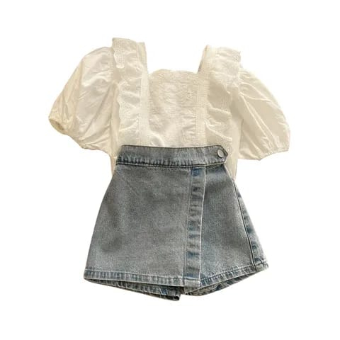 Setelan baju anak perempuan 2-7 tahun one set MOTIF CLASSIC WHITE celana rok jeans kekinian ala korea